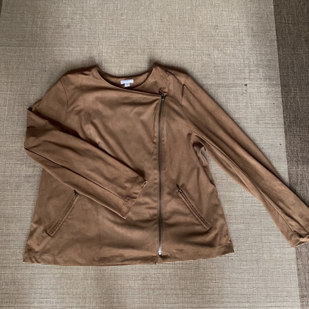 J Jill  Acorn Brown Ultra Soft Faux Suede Moto Zip Jacket Petite L - Picture 15 of 15